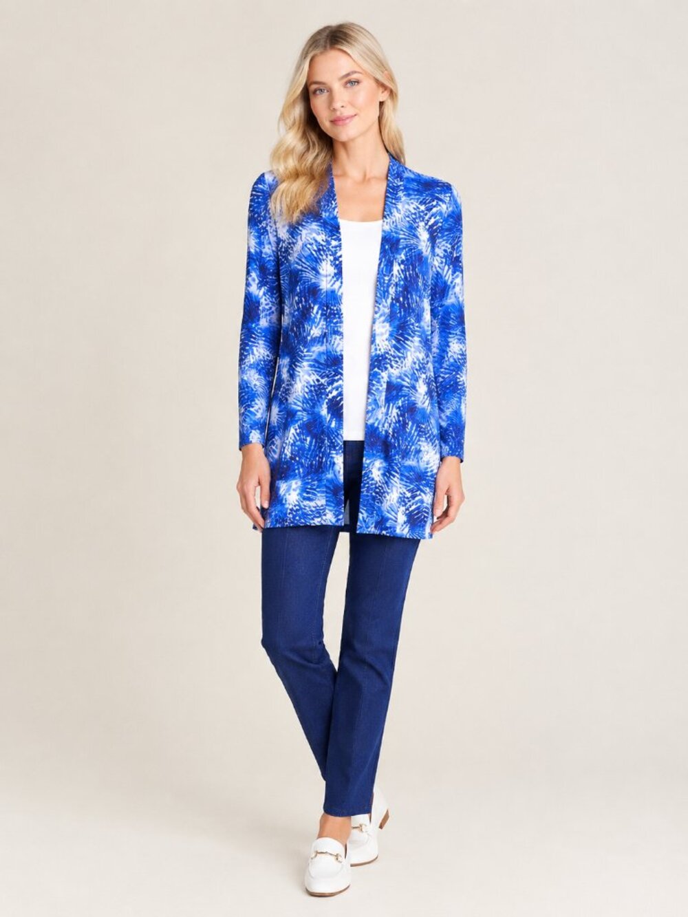 2/$30 Lands' End Jersey Knit Long Cardigan Deep Sea Navy Tie Dye Palms #A4878